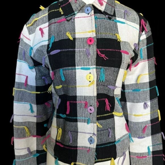 VTG 90s Lifestyle Checkered Colorful Jacket Coat Button Up Sz M 100% Cotton - Picture 11 of 11